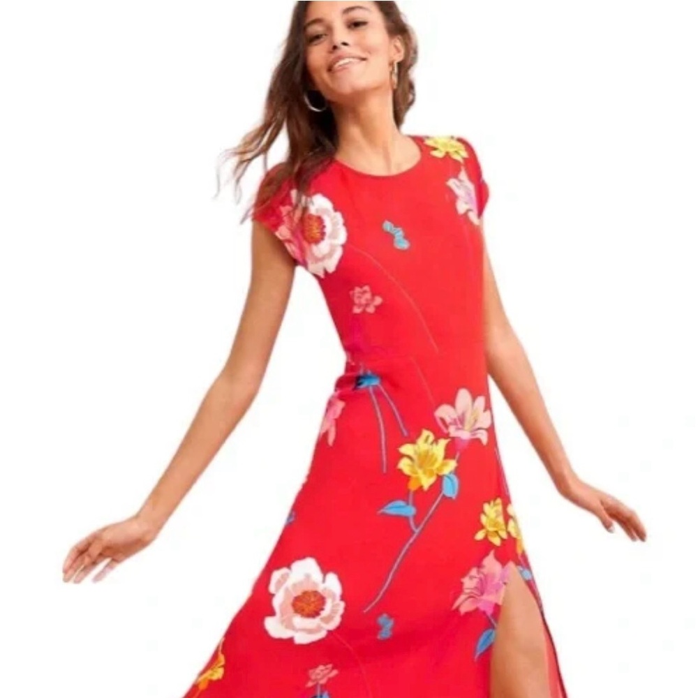 NWT LOFT Lily Cap Sleeve Side Slit MIDI Dress Spring Poppy Red Women’s Size 8